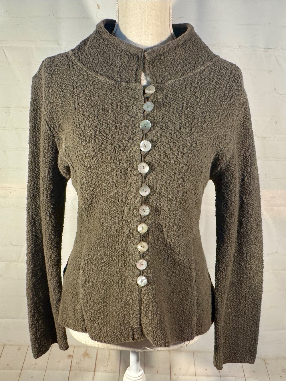 Willow Sweater Cardigan Taupe Textured Shell Button Mandarin Collar 4 6 S
